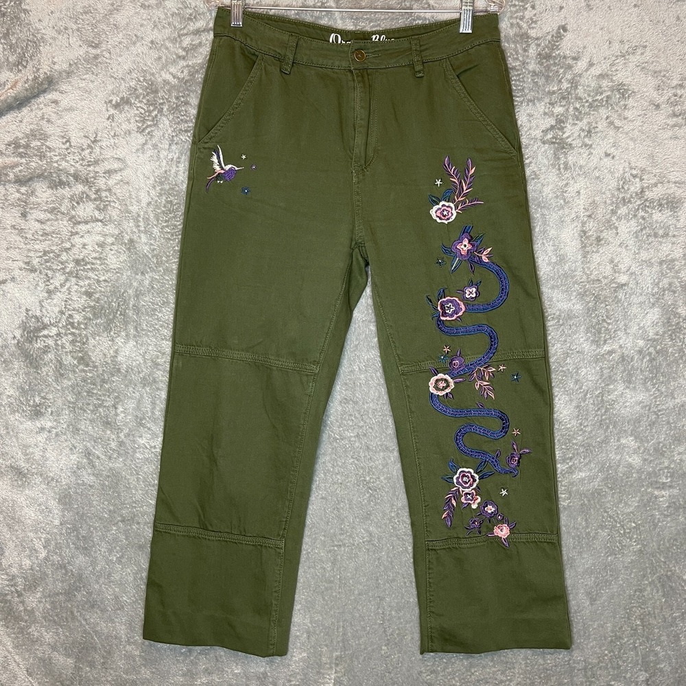 Organic Blue Women Embroidered Boho Fairy Grunge Wide Leg Crop Straight 30